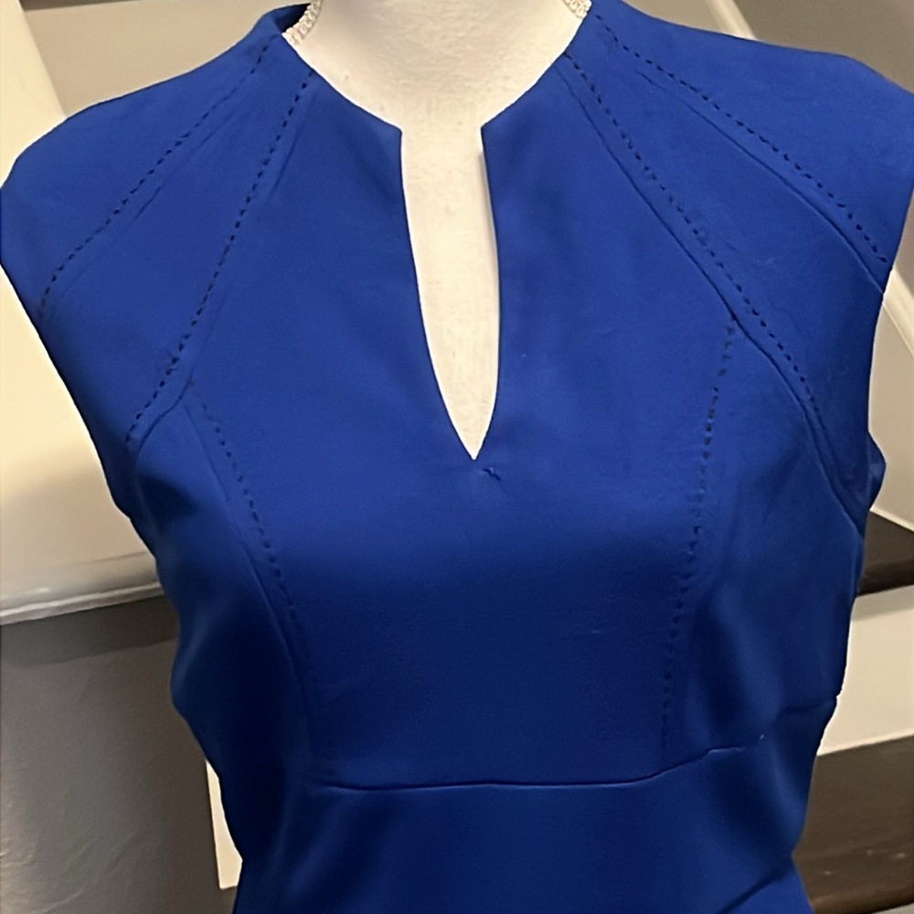 Sangria Royal Blue Sheath Dress V-neck Sleeveless 10P Top Stitching Details. - Picture 2 of 16